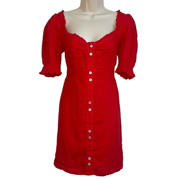 NWT Zara Red Linen Sweetheart Ruffle Mini Dress Button Accent Pullover Medium - Picture 5 of 12